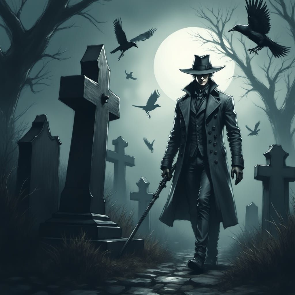 The Undertaker Walks Through Misty Graveyard at Dusk