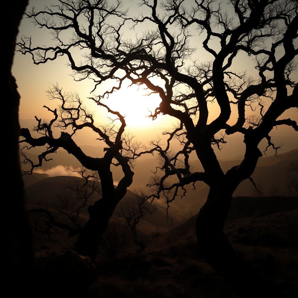 Haunting Dawn Landscape with Twisted Trees and Mysterious Gl...