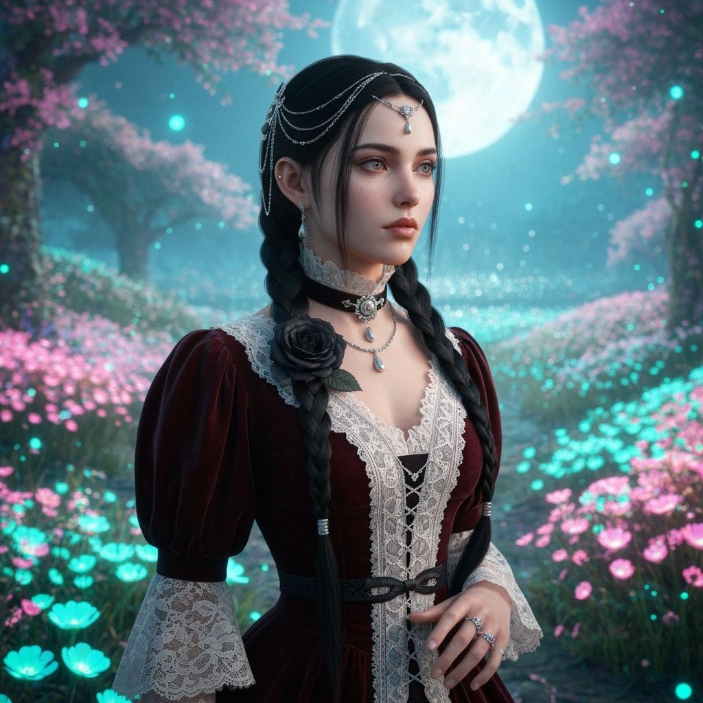 Bioluminescent Garden Portrait in Art Nouveau Style