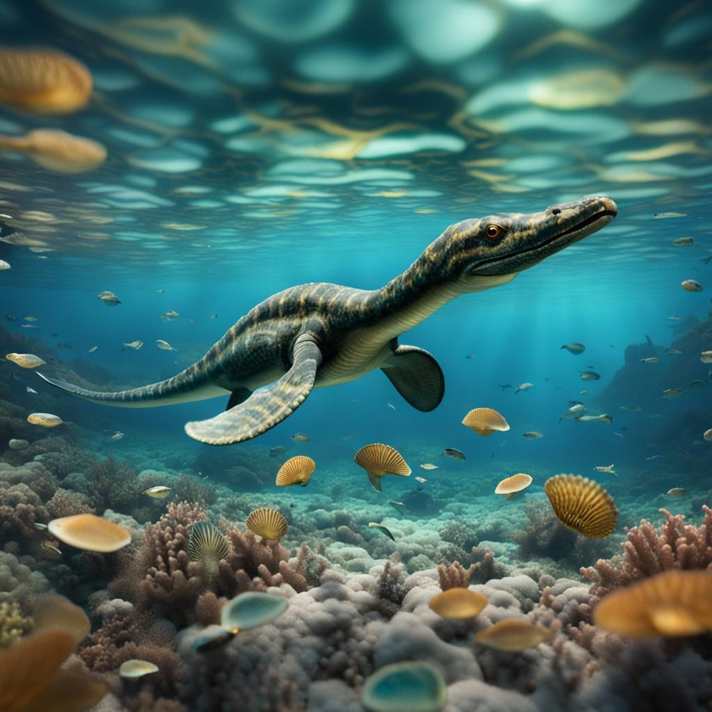 Plesiosaur in Tropical Sea with Ammonites