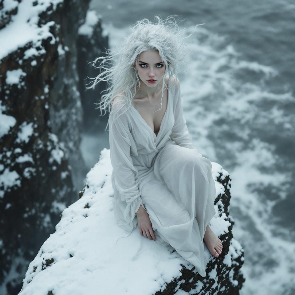 Snowy Cliffside Portrait in Hyperrealistic Style