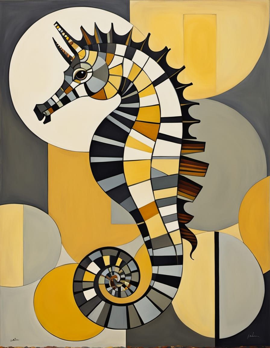 Vibrant Cubist Seahorse Portrait in Muted Earth Tones