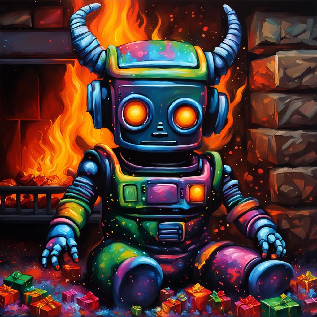 Hyperrealistic Robot Baby Jesus Lights Fireplace