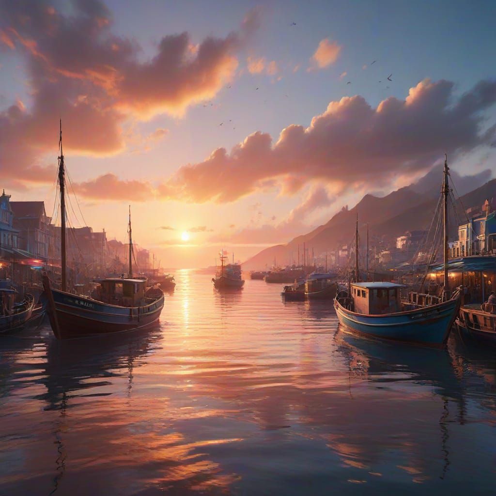Coastal Harbor at Sunrise: Fantasy Concept Art