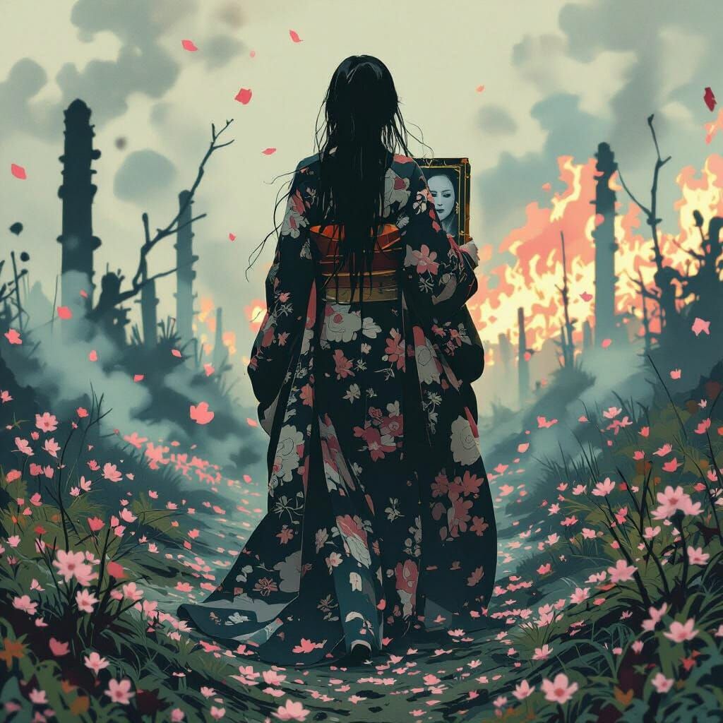 Headless Woman in Burning Sakura Field, Hokusai Style
