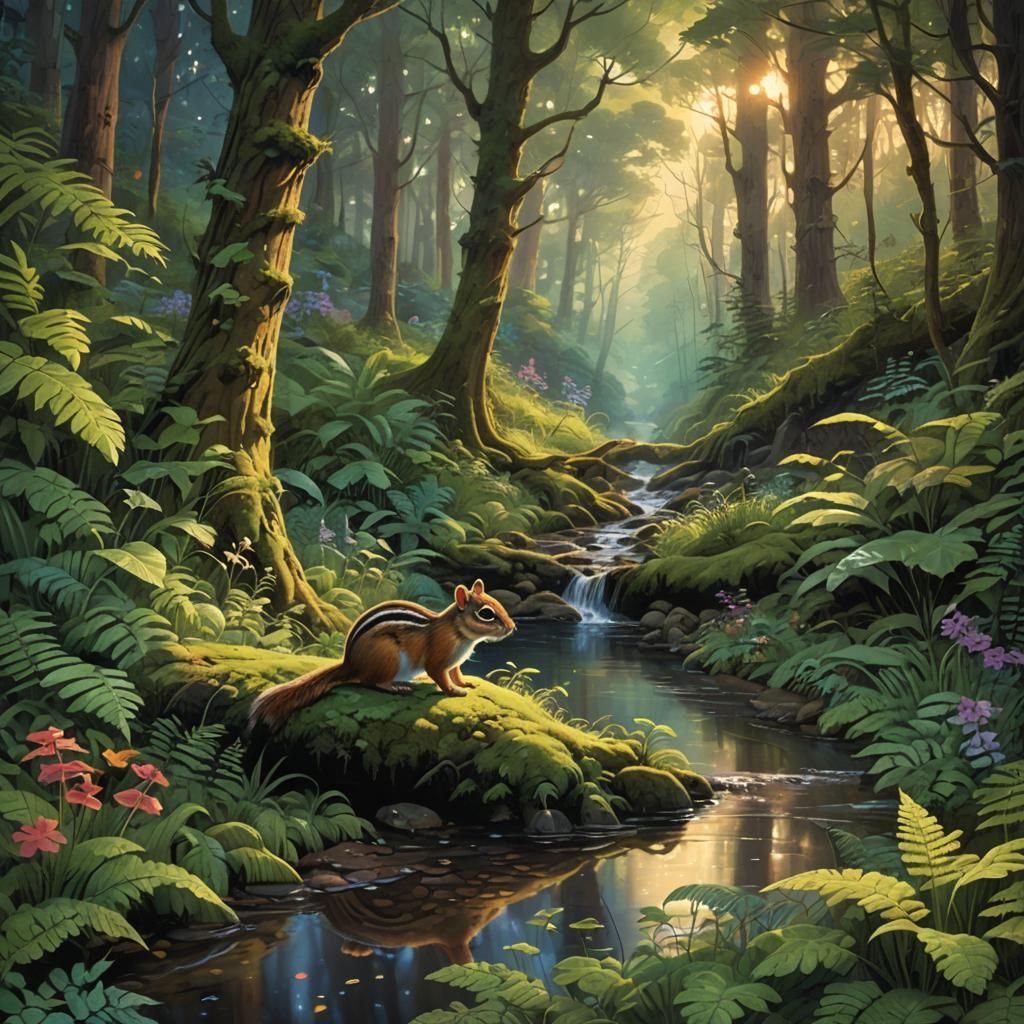 Fantasy Forest Landscape with Chipmunk, Matte Painting