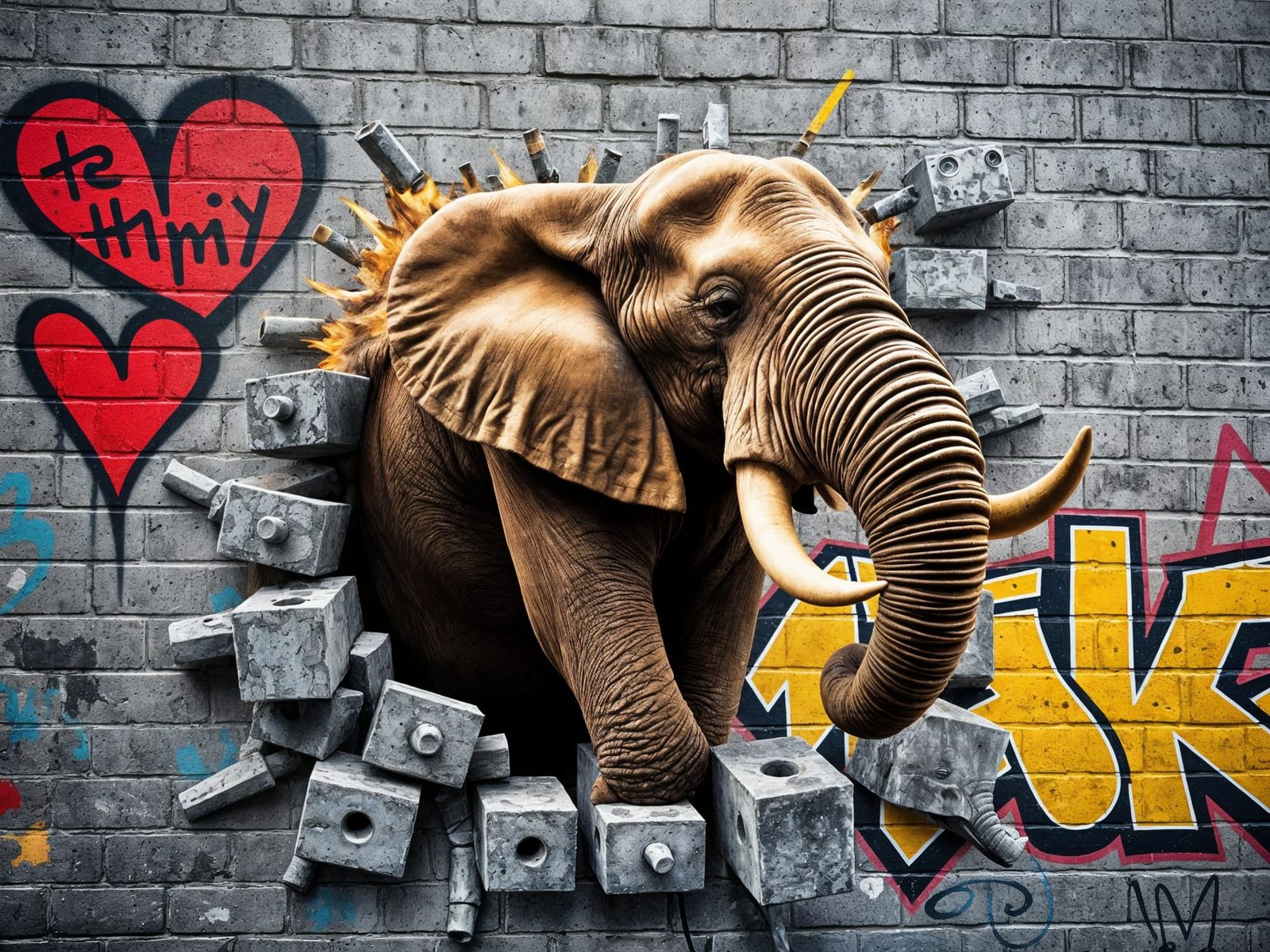 3D Street Art: Elephant Busting Through Brick Wall