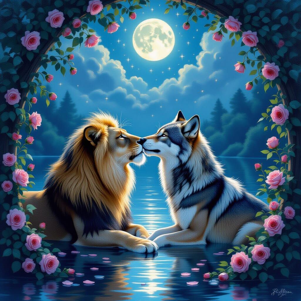 Lioness and Wolf Mate Kissing Under Stars in Oil Painting St...