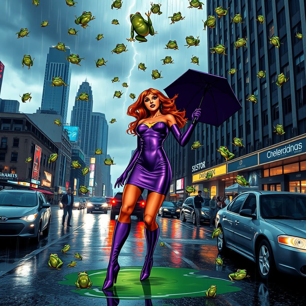 Starfire Amidst a Surreal Frog Rain in a City