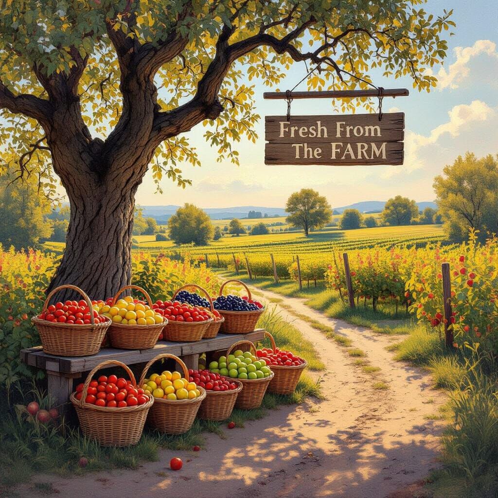 Impressionistic Oak Tree Farmstand in Golden Light