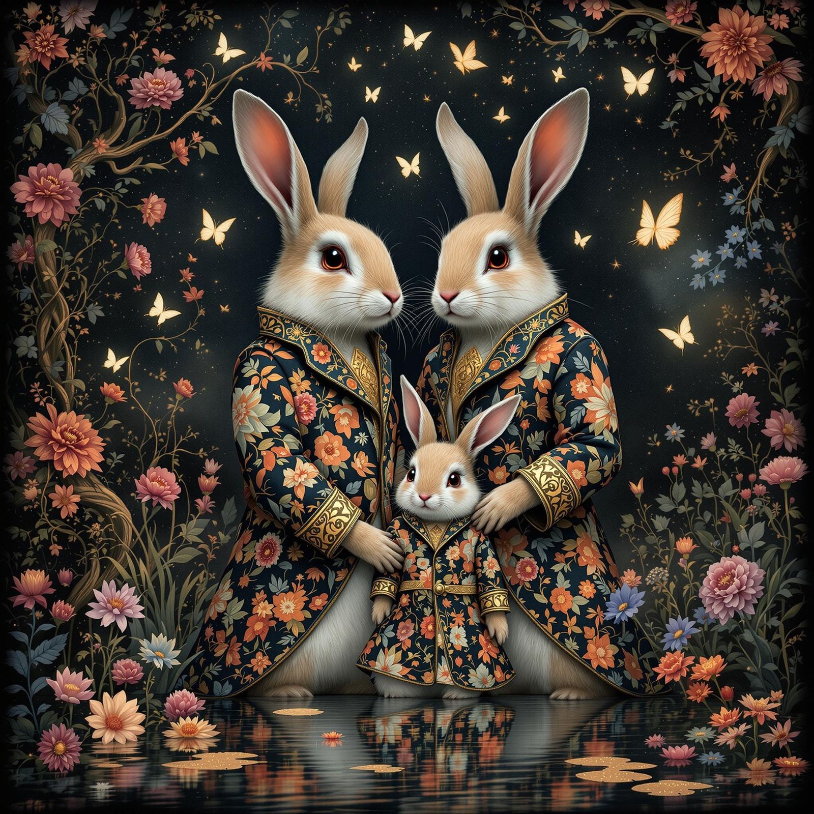 Rabbit Family in Vibrant Folklore Tapestry