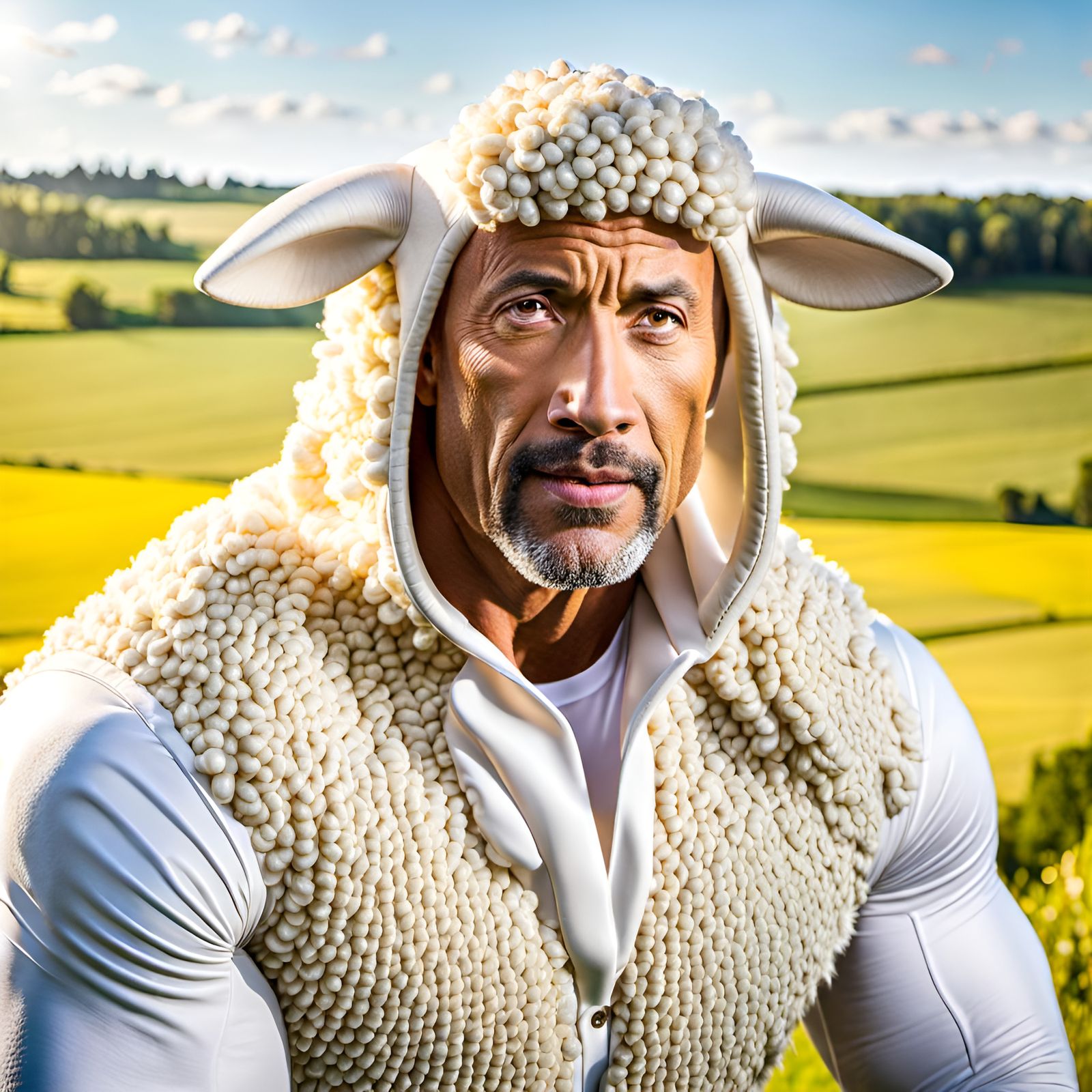 Man in Sheep Costume in Sunny Field Portrait