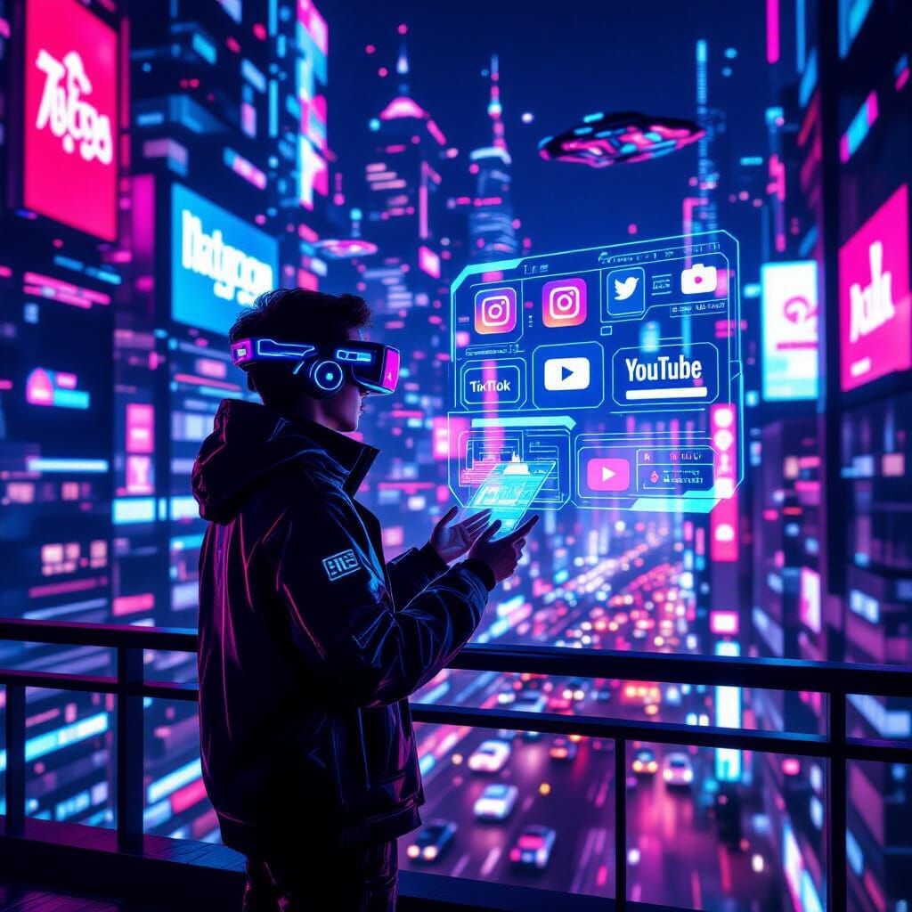Futuristic Entrepreneur in Neon Cityscape