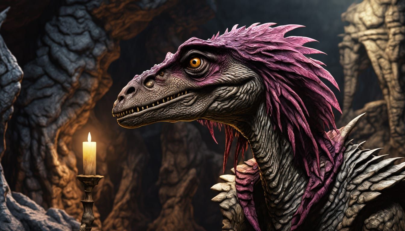 Ominous Skeksis Velociraptor Guardian in Filmic Style