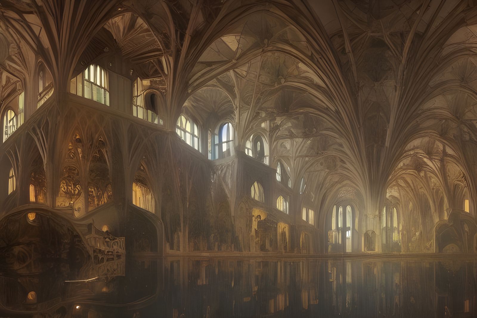 Fantasy Renaissance swimming pool cathedral with vaulted ceilings