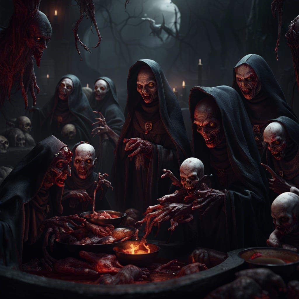 Demonic Nuns Feast in Hellscape: A Matte Painting