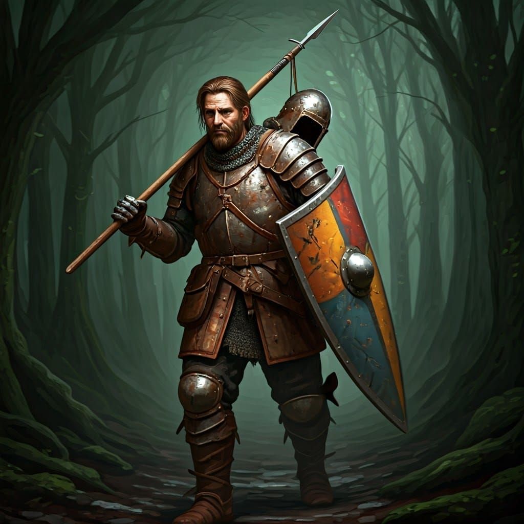 Medieval Warrior Emerges from the Misty Forest