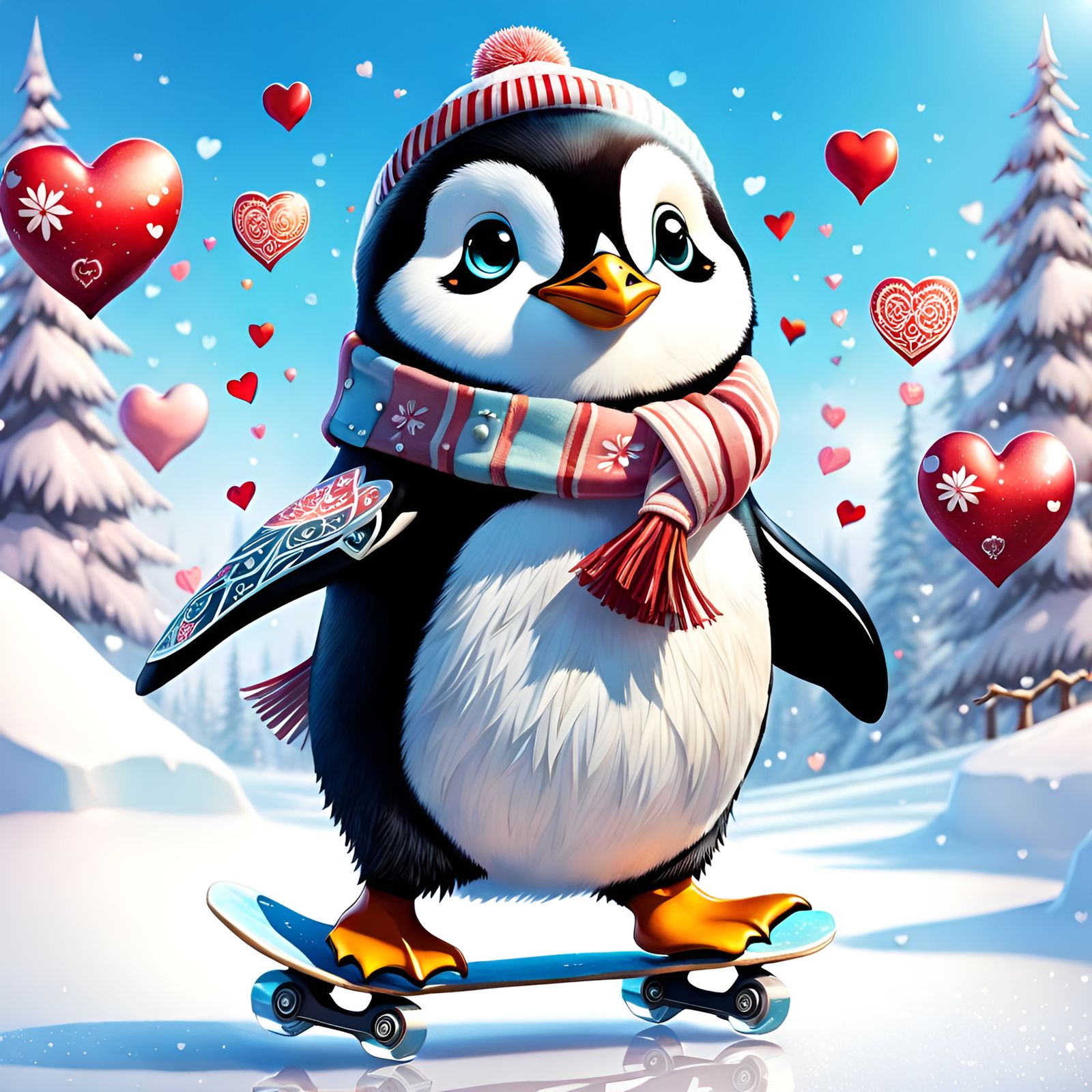 Chibi Penguin Ice Skating Surrounded by Hearts