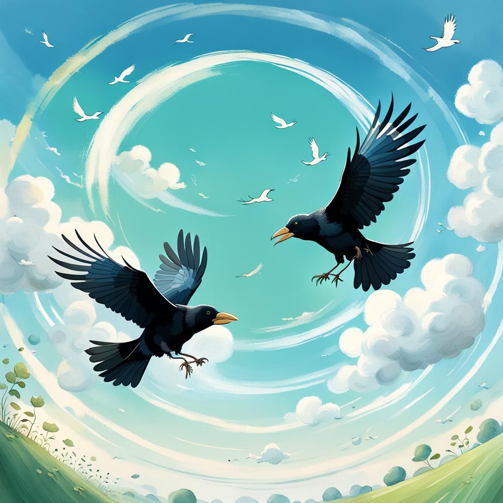 Cartoon Crows Flying in Picture Book Style
