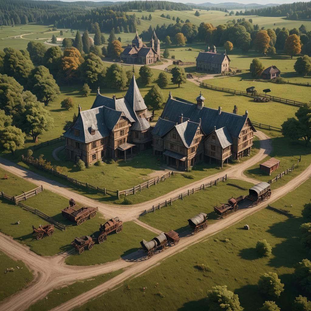 Old Building with Wagons: Detailed Matte Painting