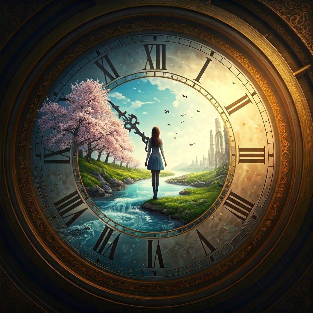 Dreamlike Clockwork Goddess in Vibrant Springtime Realm