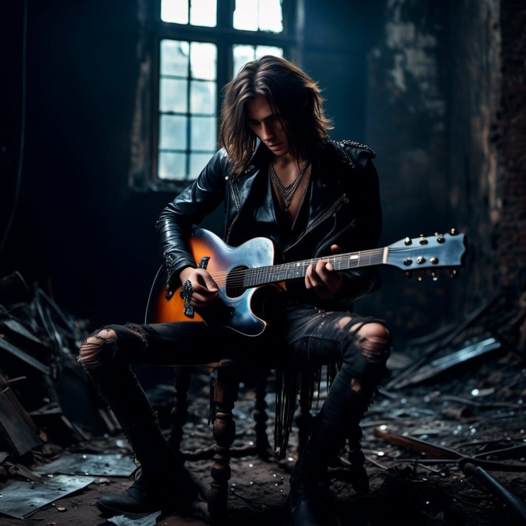 Young Man Plays Guitar in Abandoned Building