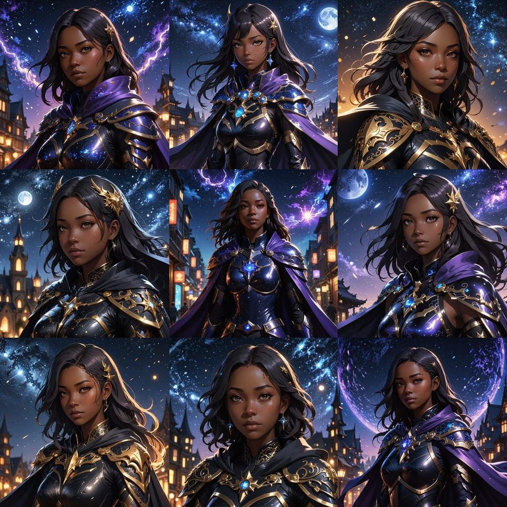 Teenage Girl in Starry Night Armor, Anime Art