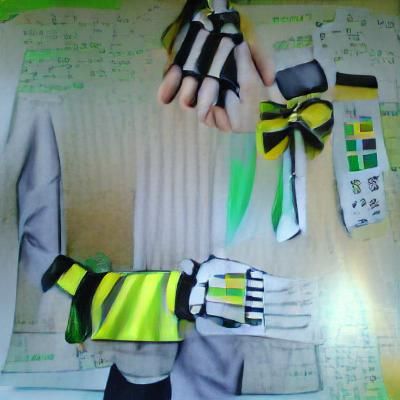 Anime outfit idea. green, white and black, striped sleeves,green and yellow gloves , a tie and everything related to tec...
