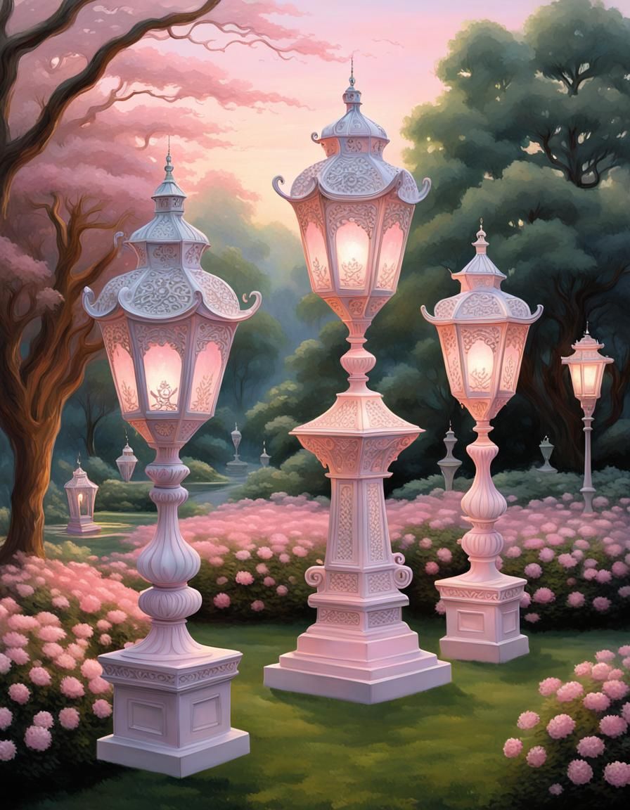 Pink Filigree Lanterns in Victorian Garden, Dreamy Art
