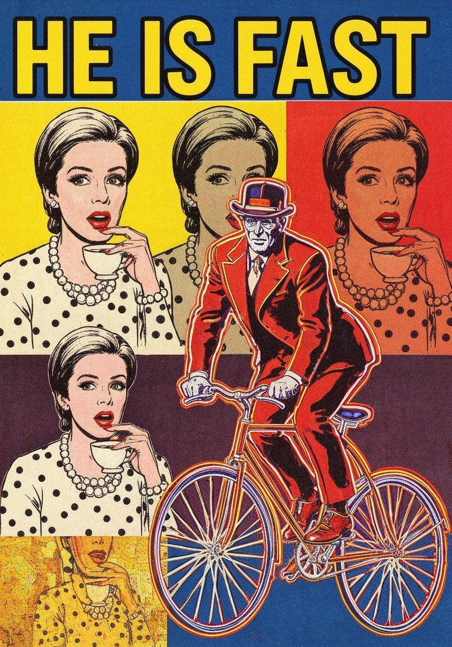 Vivid Pop Art Collage: Woman Sipping Coffee, Man on Penny-Fa...