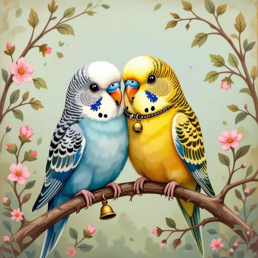 Two Budgies Hugging in Whimsical Style