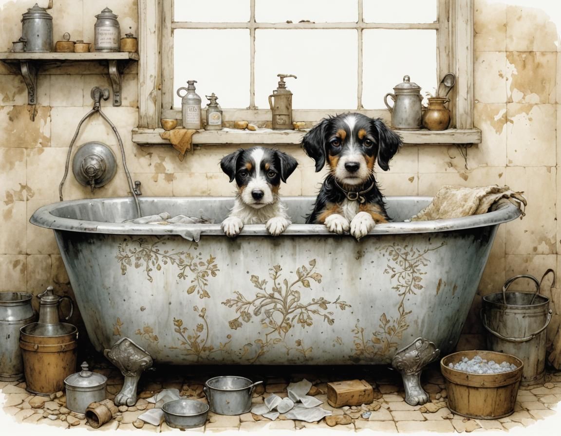 Young Boy Tenderly Baths His Faithful Dog in a Vintage Zinc ...