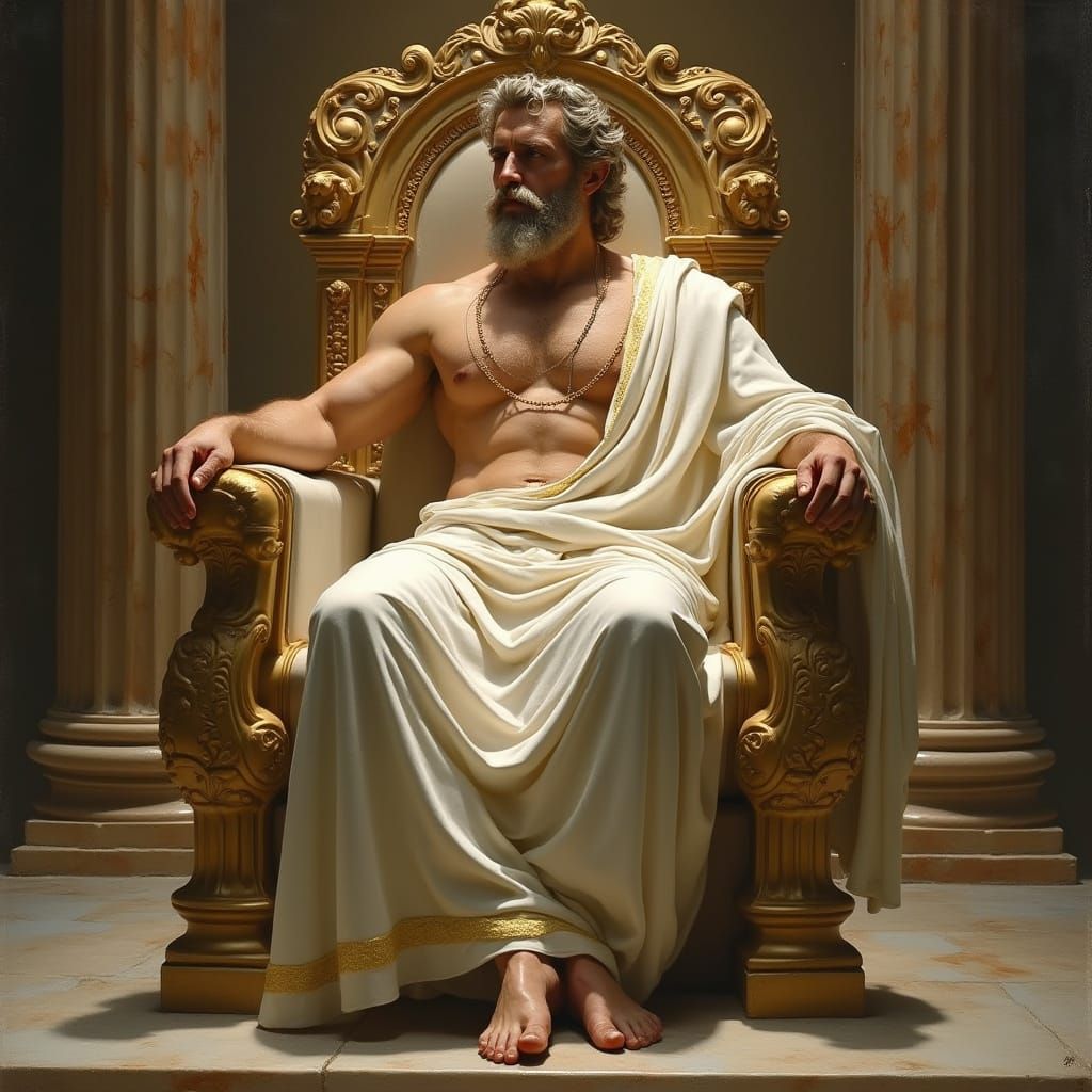 Majestic Greek God on Throne in Classical Realism Style