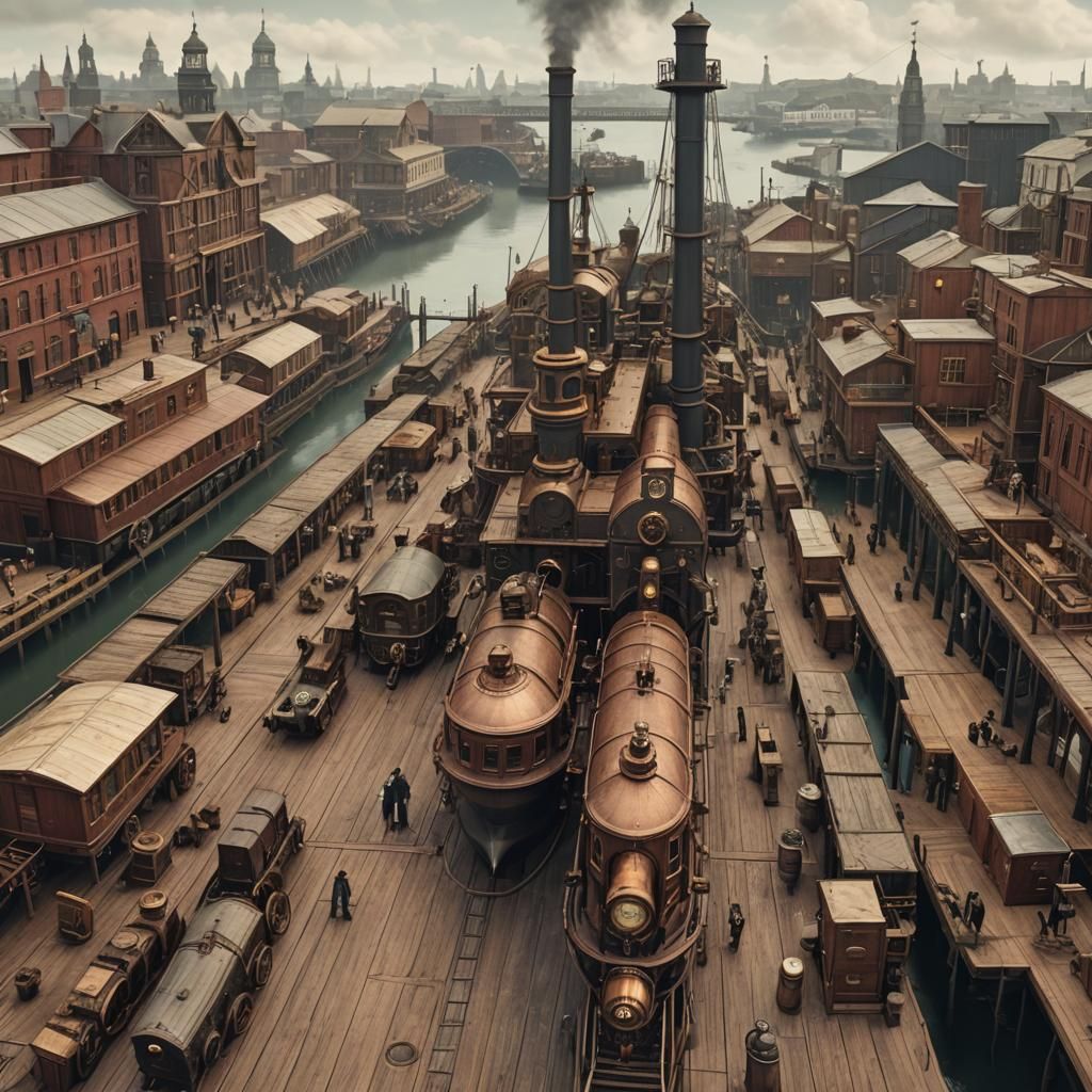 Steampunk Victorian Port Scene from Dock Level