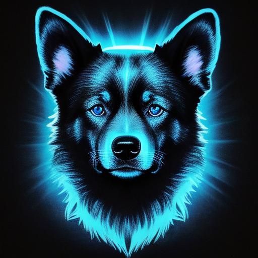 Bioluminescent Dog Portrait with Blue Eyes