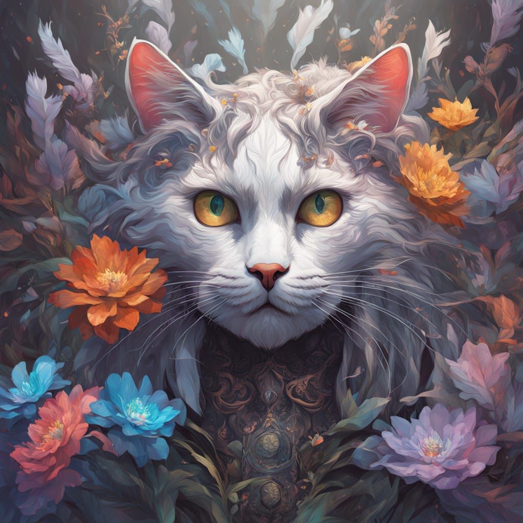 Cat and Girl Cuddle: Impressionist Gouache Charcoal Drawing