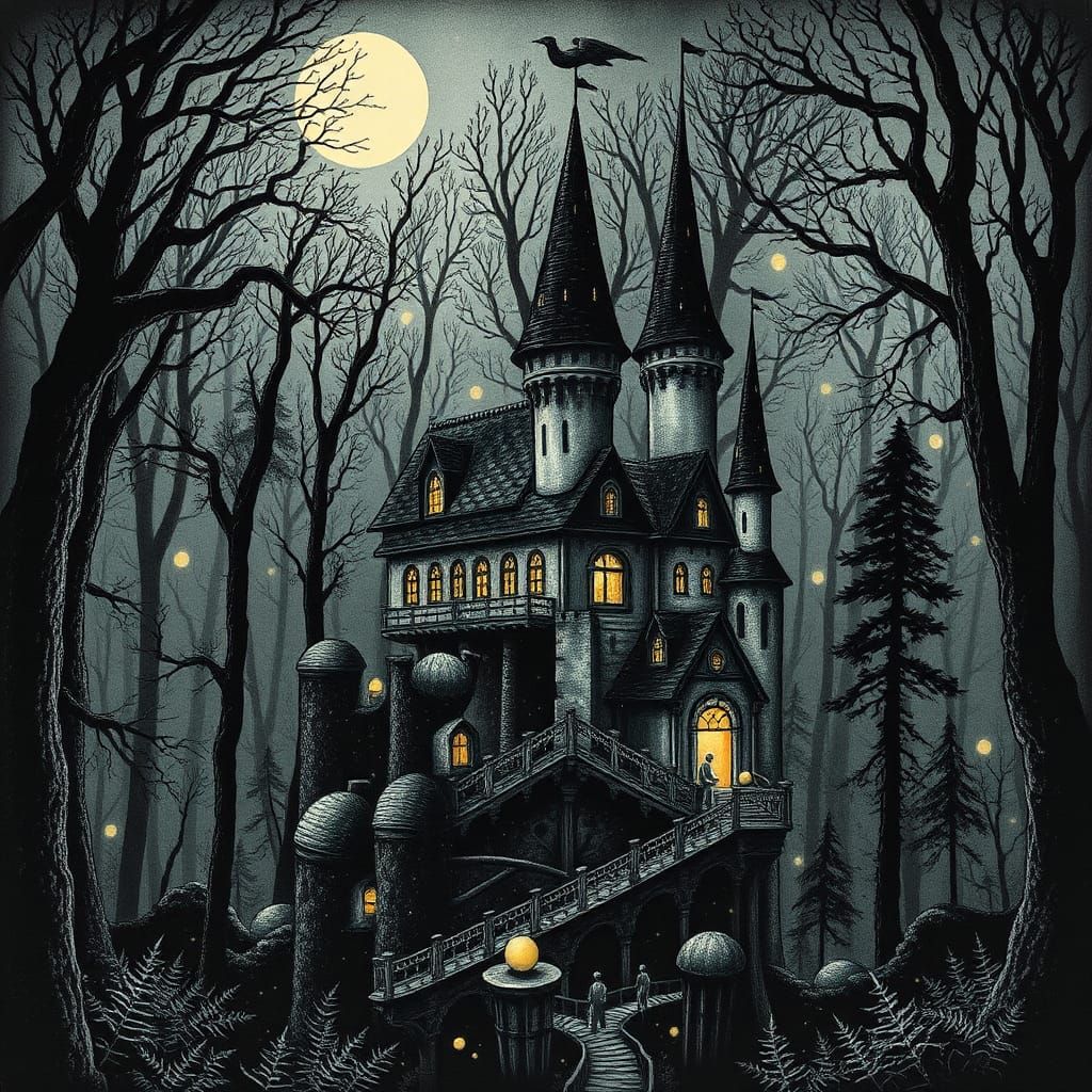 Fantasy Castle in Dark Forest: Modern Ink Painting