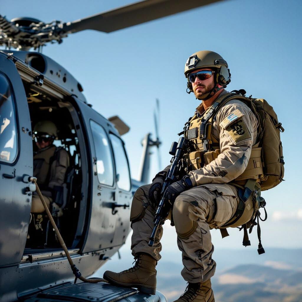 Navy Seal Awaits Rappel Mission on Helicopter Edge
