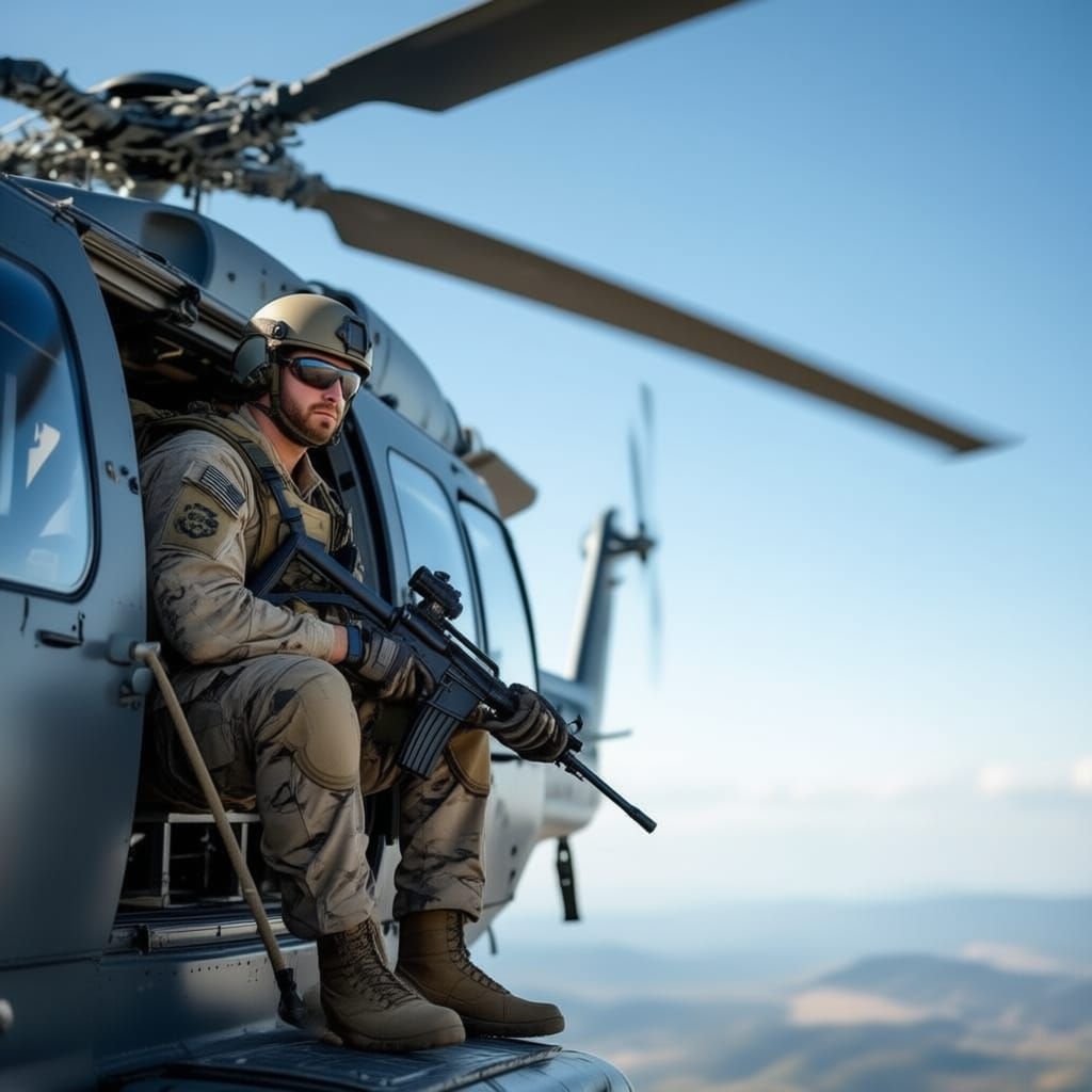 Navy Seal Awaits Descent from Helicopter