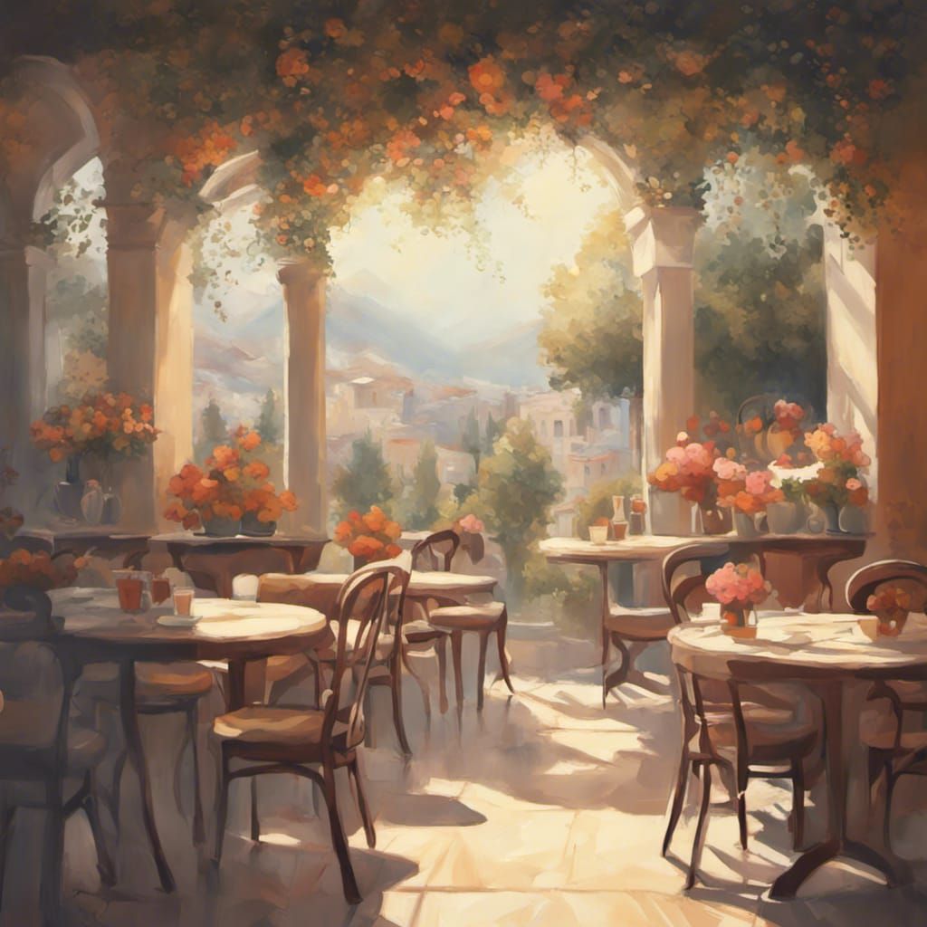 Ronda Spanish cafe, Luis Romero style, Spray Painter, with beautiful little trees and flowers, Illustration, Apotheosis,...