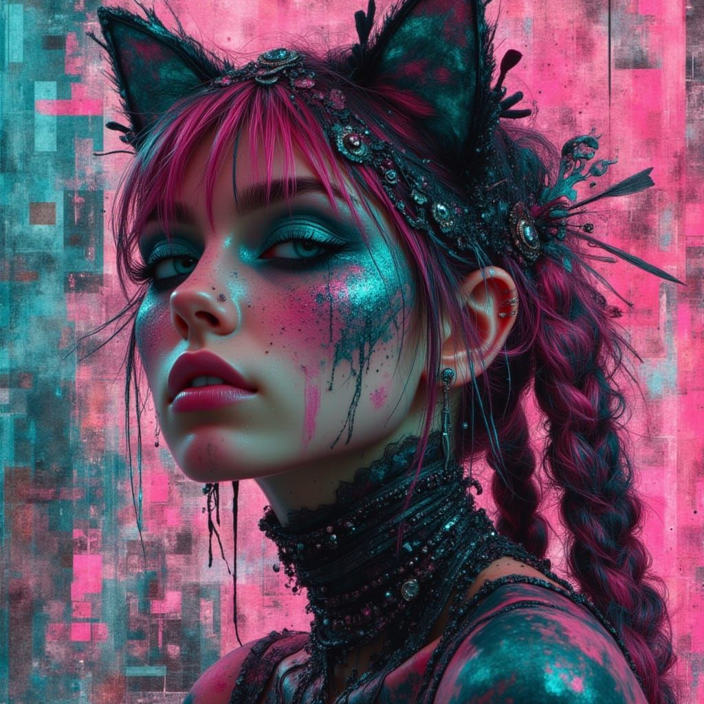 Cat Woman with Digital Glitch Background