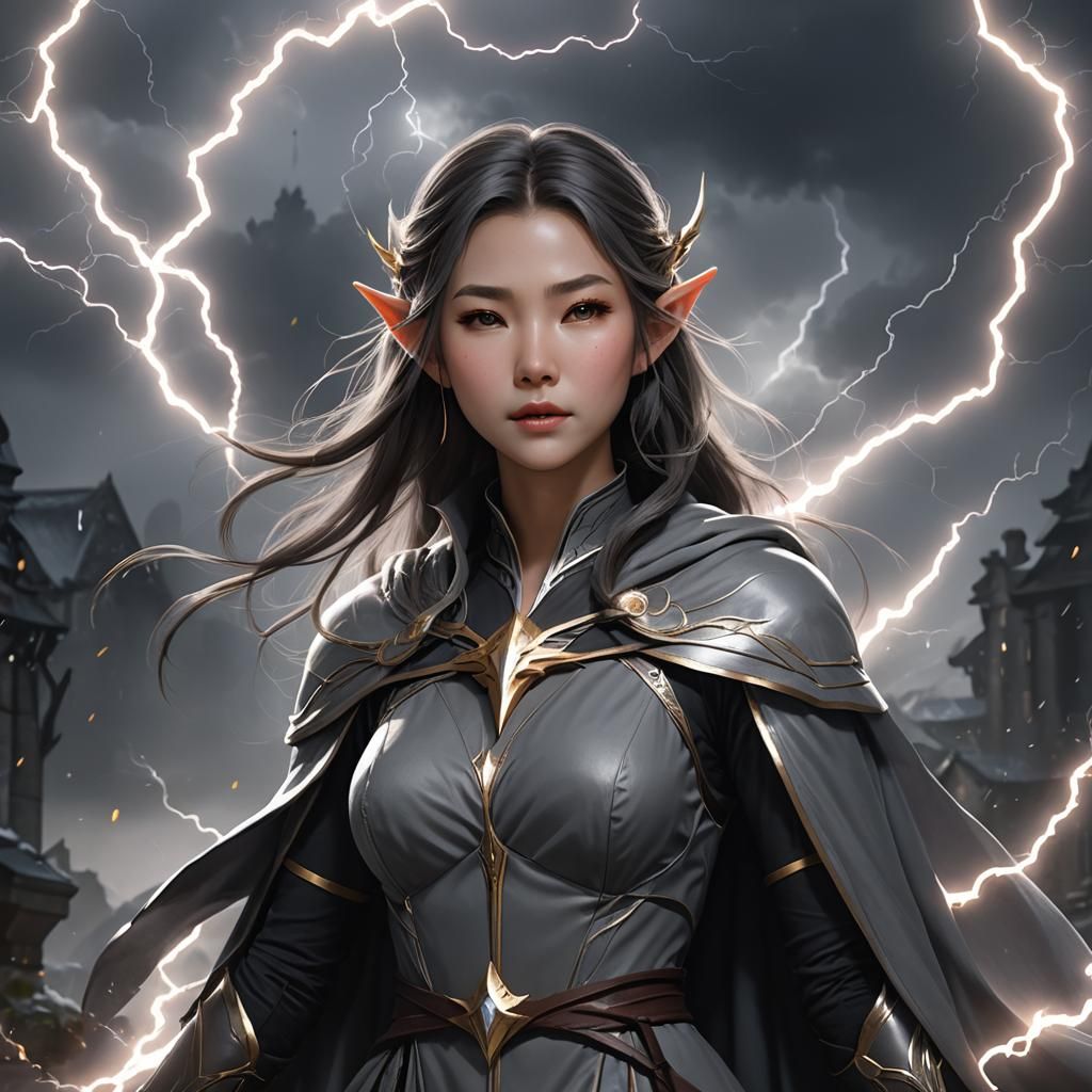 Asian Elf Wizard Summons Lightning in Anime Style