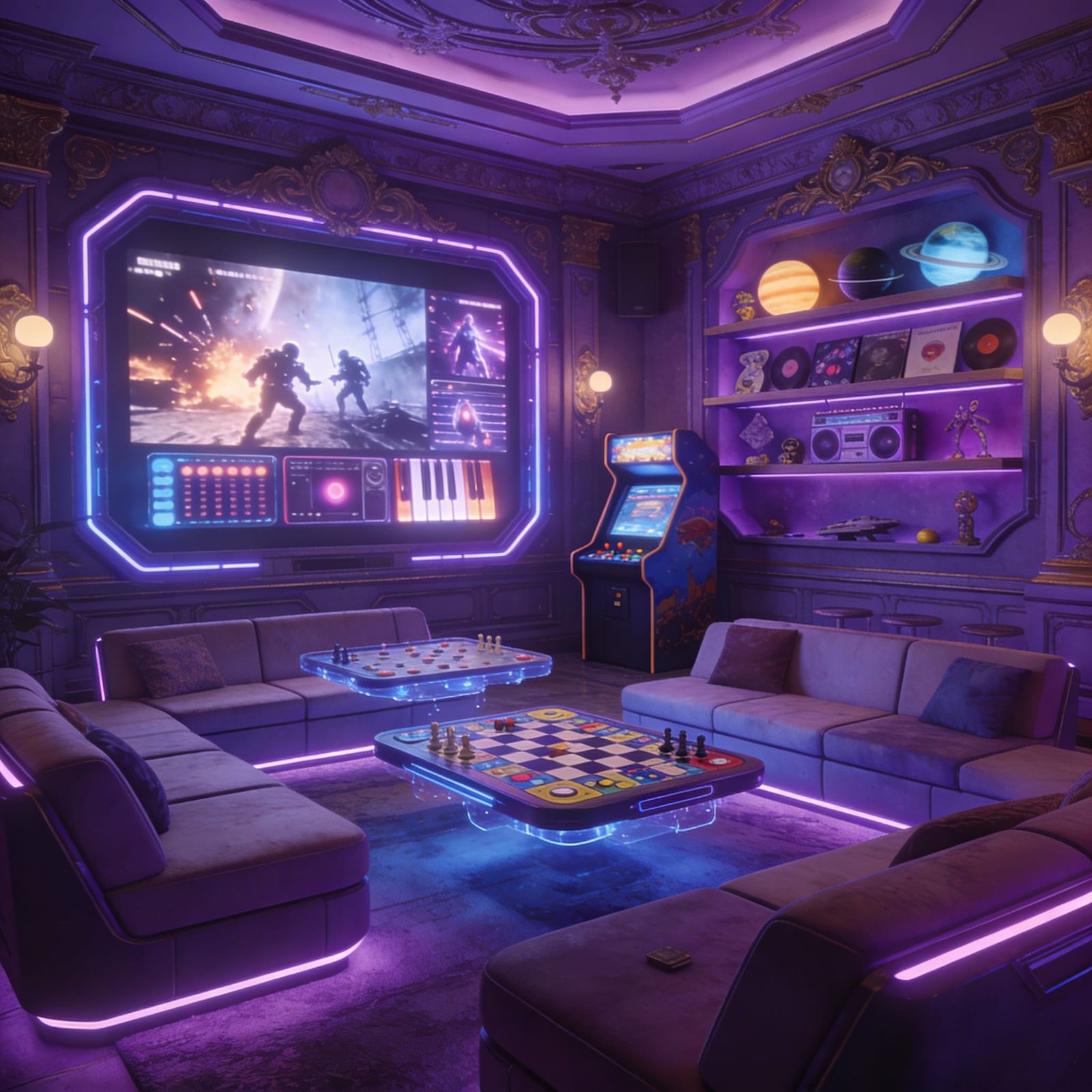 Baroque Futuristic Gameroom With Purple Ambiance