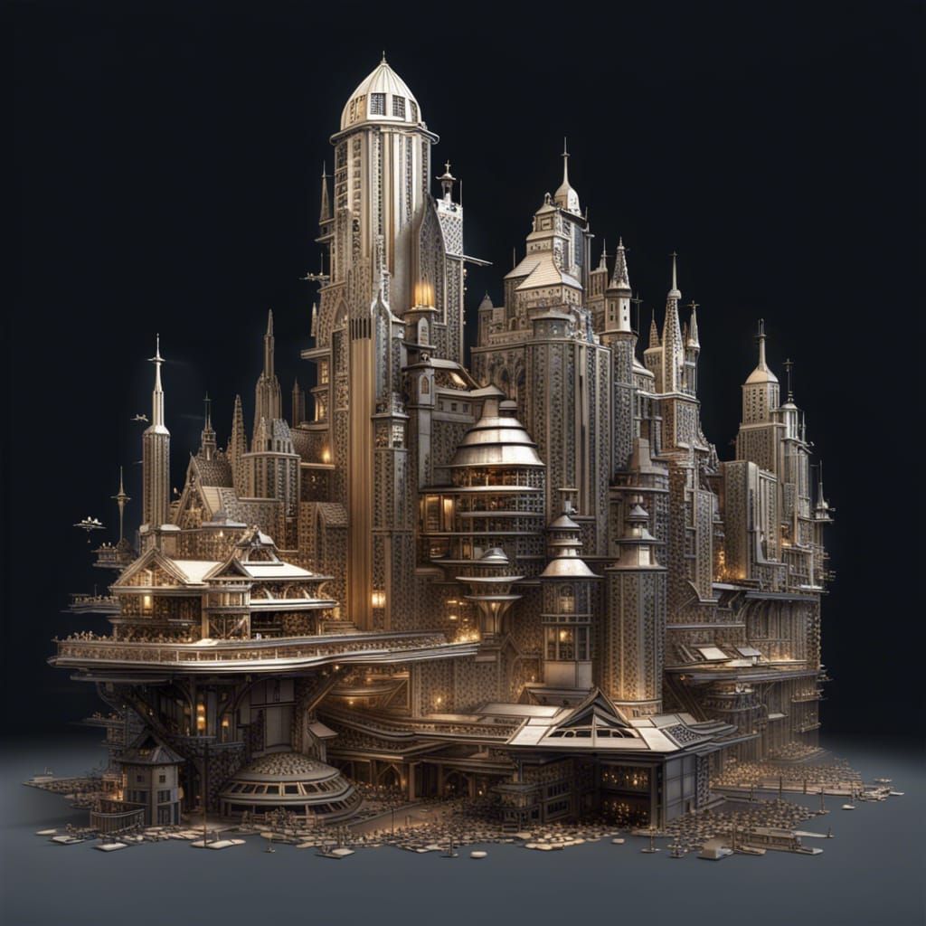 Futuristic Steampunk City in Glass Cube