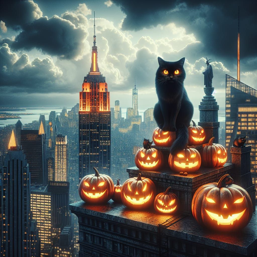 Halloween Cat on Skyscraper in Gothic Cityscape