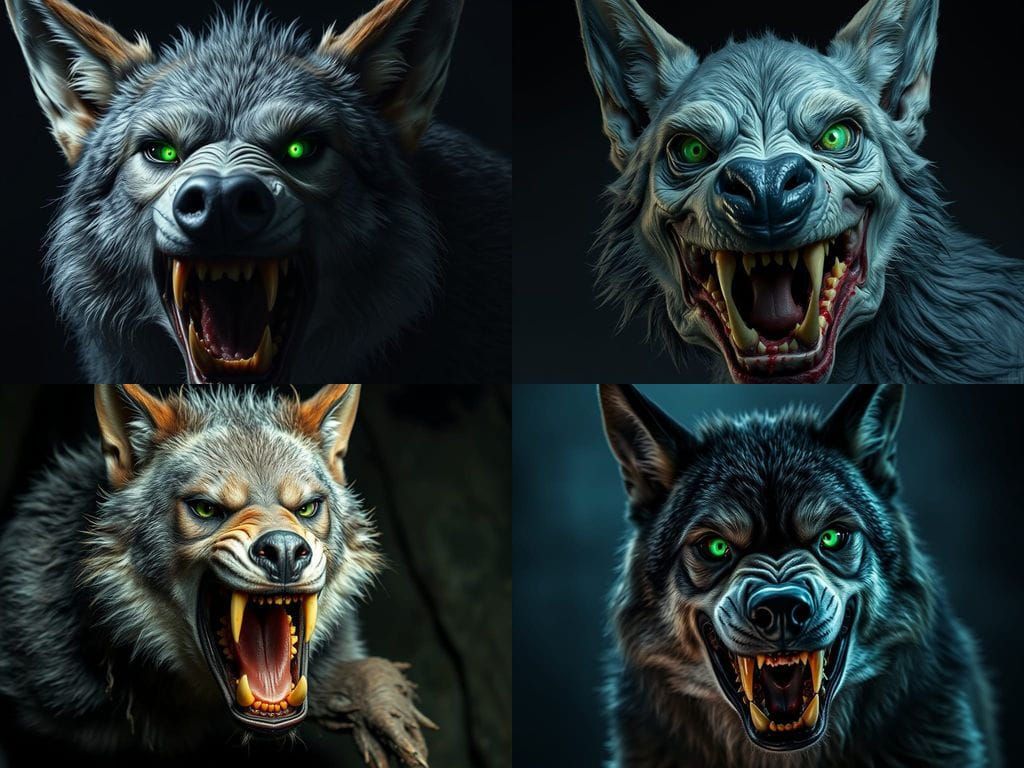 Dark Grey Werewolf Snarls with Tall Ears and Emerald Eyes