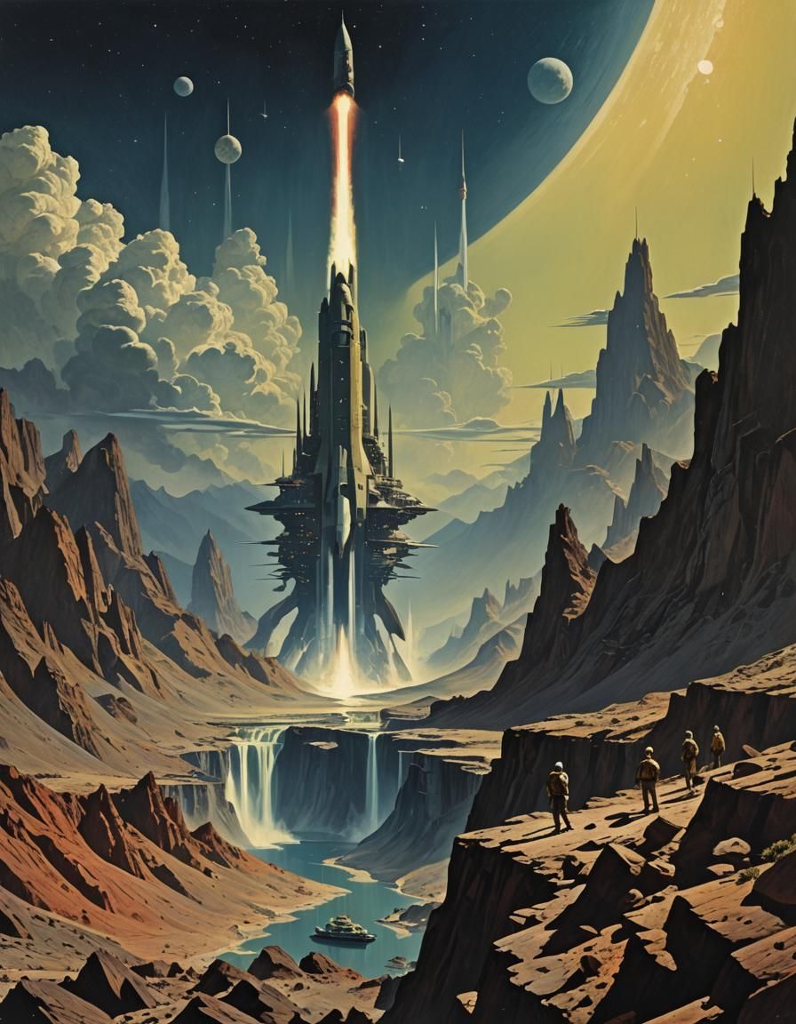 Retro Sci-Fi Spaceship Orbiting Planet