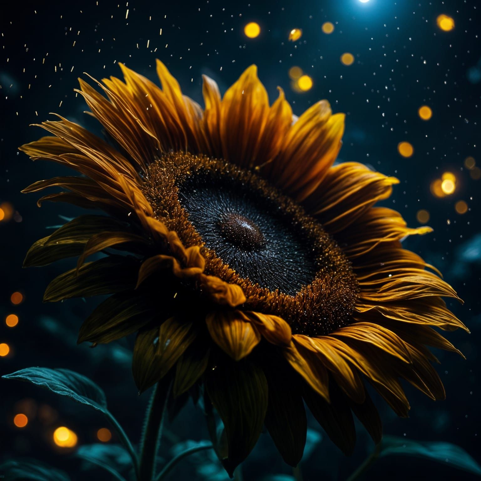 A single sunflower burning in the night