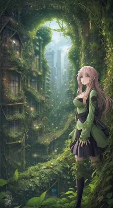 Lush Overgrown Cityscape in Anime Style
