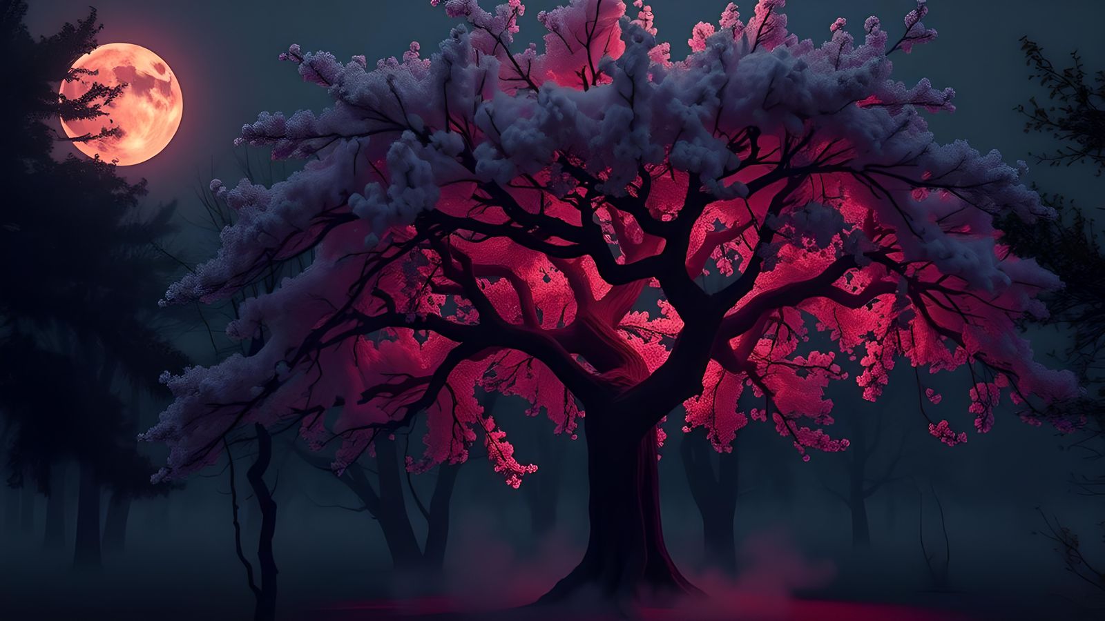 Cherry Blossom Tree Illuminates Dark Forest